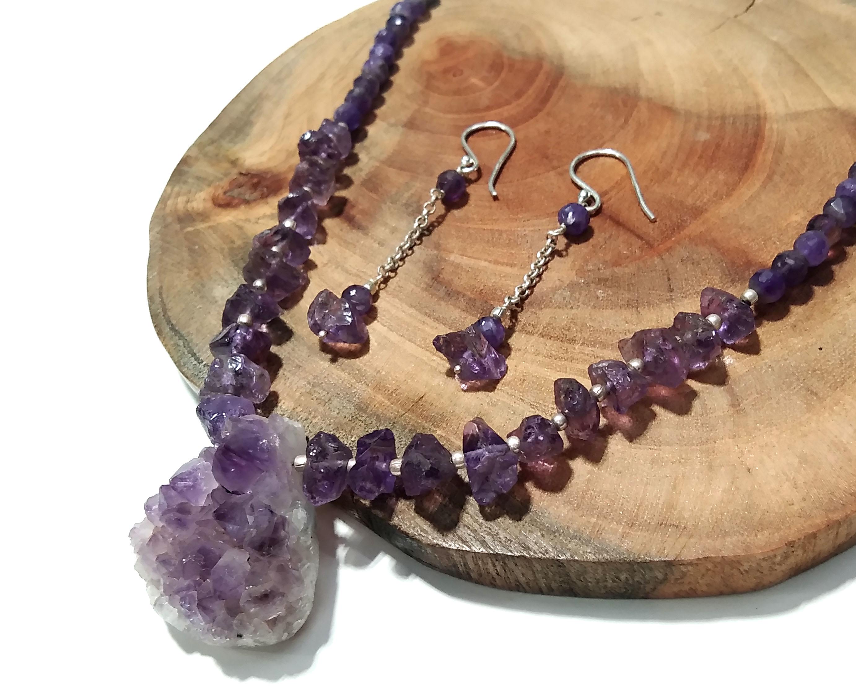 Amethyst Druzy Stone Rough Beads Necklace & Earrings Jewelry Set, 925 Sterling Silver Necklace Beaded Necklace Statement Jewelry